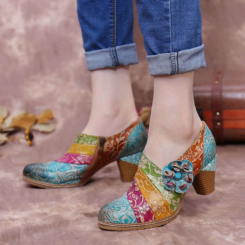 Retro Blomstret Læder Splejsningslynlås Chunky Heel Pumps Dress Sko