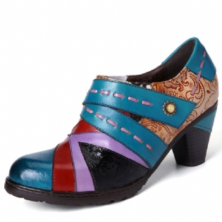 Retro Fancy Præget Mønster Ægte Læder Splejsning Stilfulde Afslappede Pumps