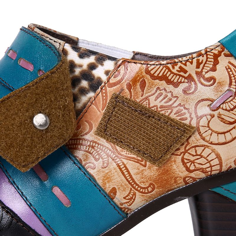 Retro Fancy Præget Mønster Ægte Læder Splejsning Stilfulde Afslappede Pumps