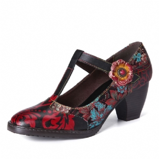 Retro Florals Broderi Blomster Læder Lavhælet T-strop Krogløkkepumper