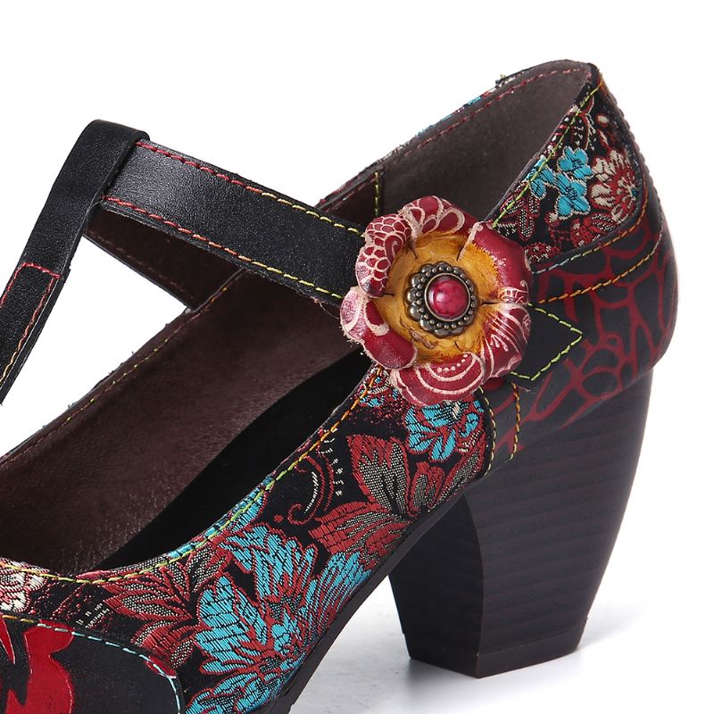 Retro Florals Broderi Blomster Læder Lavhælet T-strop Krogløkkepumper