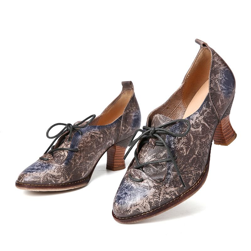 Retro Højhælede Spidse Ægte Læder Slip-up Pumps