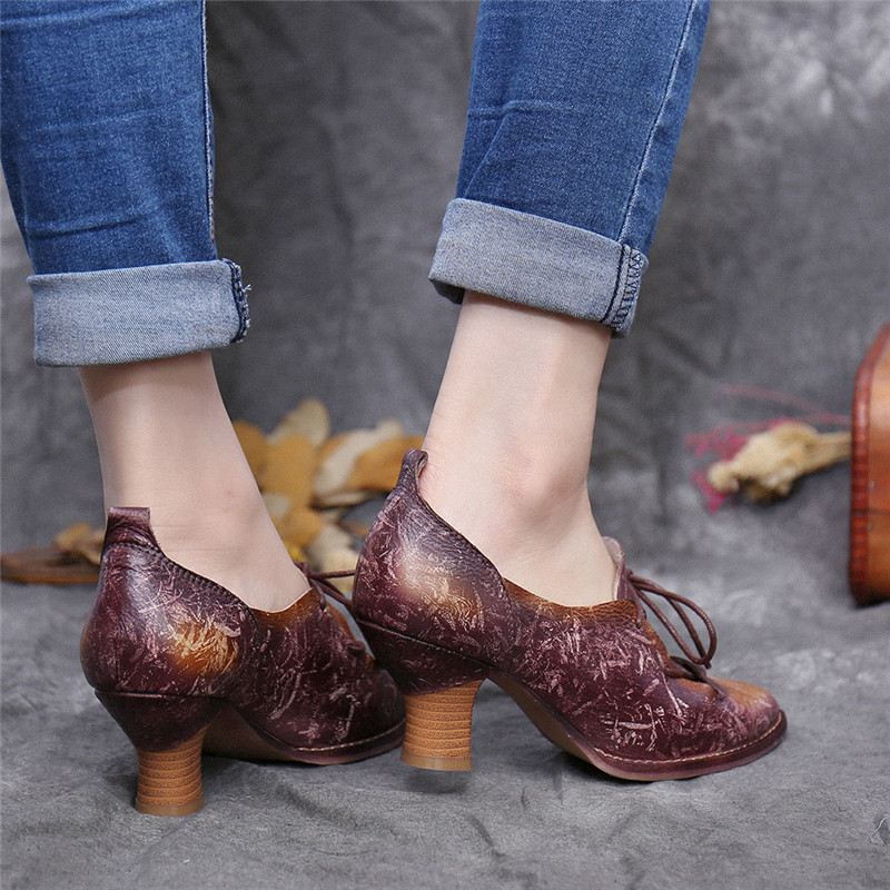 Retro Højhælede Spidse Ægte Læder Slip-up Pumps
