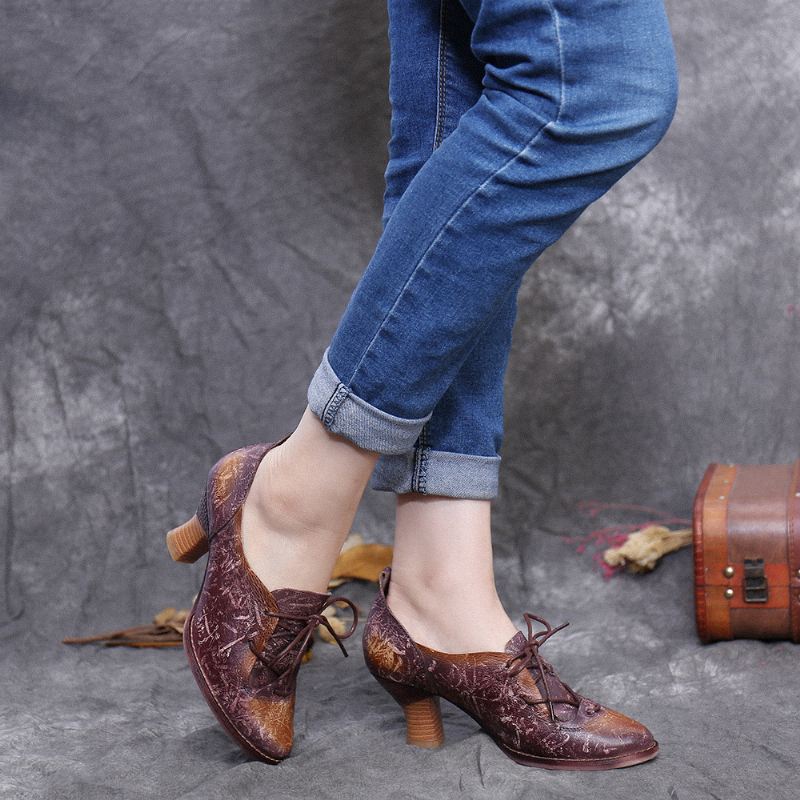 Retro Højhælede Spidse Ægte Læder Slip-up Pumps