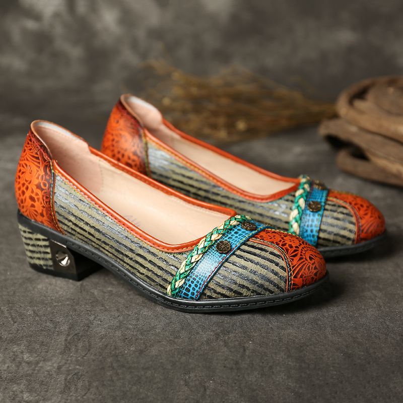 Retro Knot Reb Blomster Spænde Farvet Bånd Splejsning Sorte Striber Komfortabel Slip On Pumps