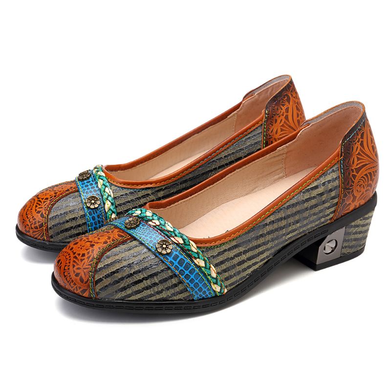 Retro Knot Reb Blomster Spænde Farvet Bånd Splejsning Sorte Striber Komfortabel Slip On Pumps