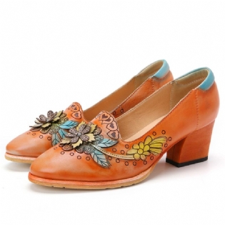 Retro Splejsning Blomstret Læder Slip On Block Heel Pumps Dress Sko