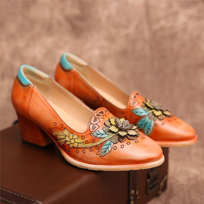 Retro Splejsning Blomstret Læder Slip On Block Heel Pumps Dress Sko