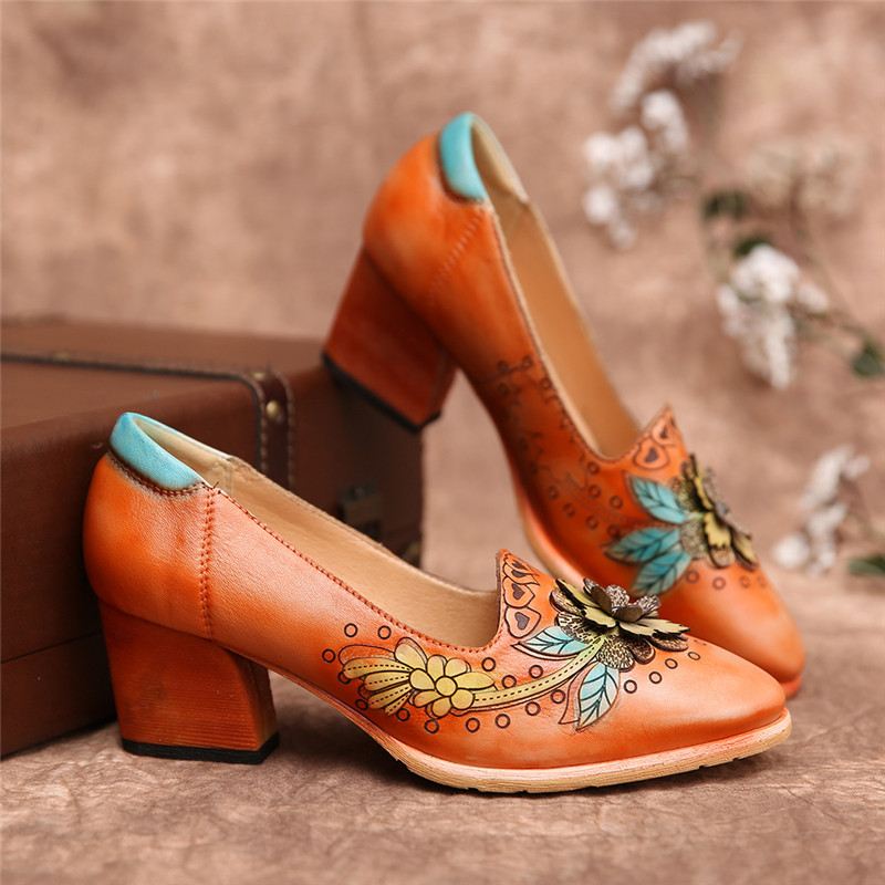 Retro Splejsning Blomstret Læder Slip On Block Heel Pumps Dress Sko