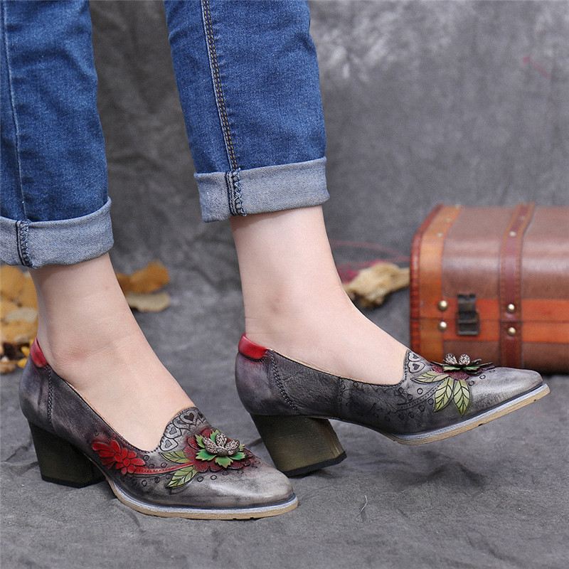 Retro Splejsning Blomstret Læder Slip On Block Heel Pumps Dress Sko