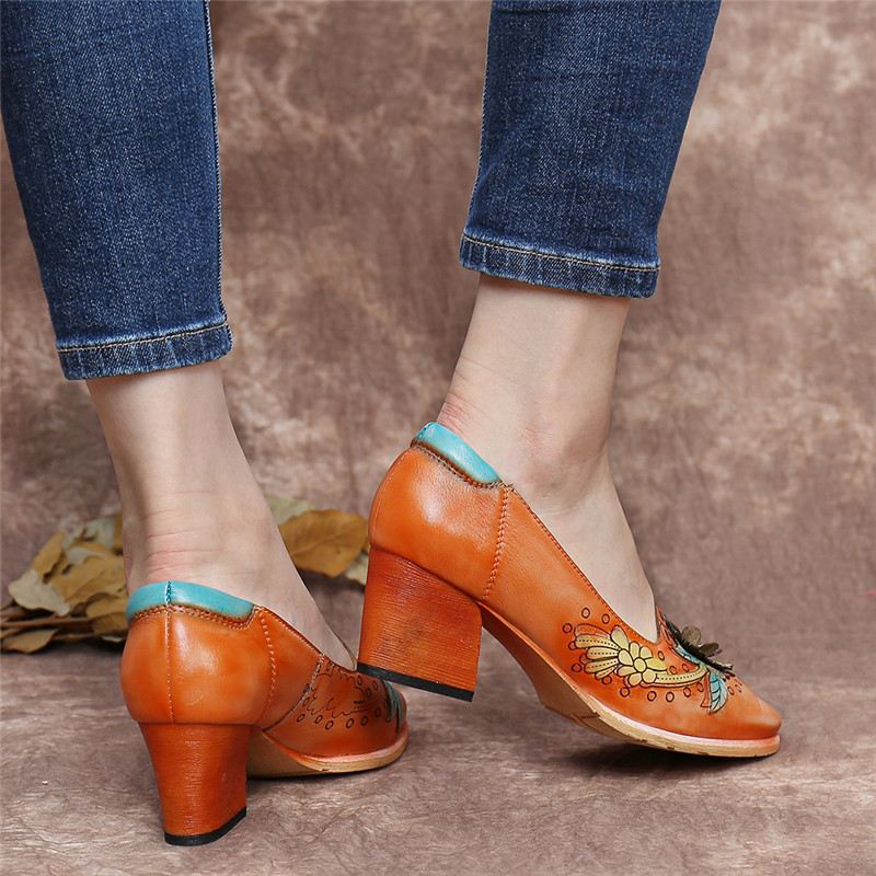 Retro Splejsning Blomstret Læder Slip On Block Heel Pumps Dress Sko