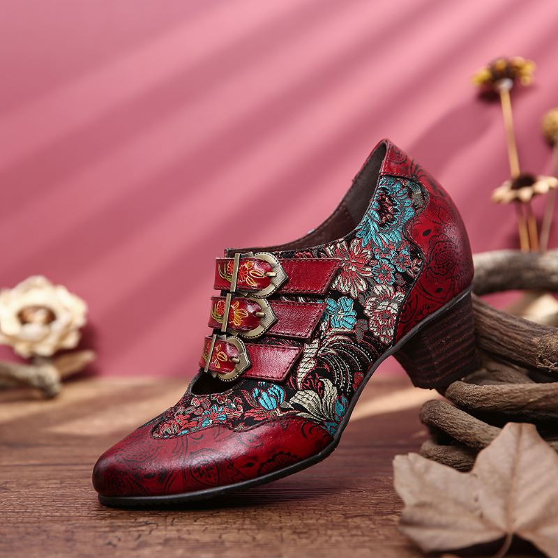 Retro Syning Delikat Blomsterpræget Ægte Læder Slip On Pumps