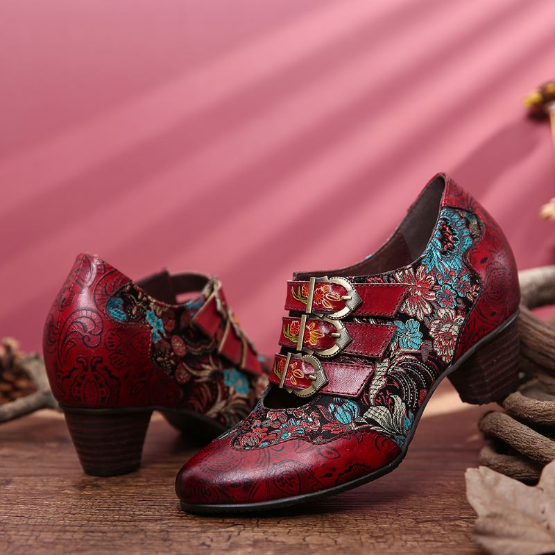 Retro Syning Delikat Blomsterpræget Ægte Læder Slip On Pumps