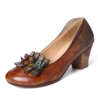 Retro Tre Farver Søde Blomstermotiver Med Lav Mund Rund Læder Slip On Casual Pumps