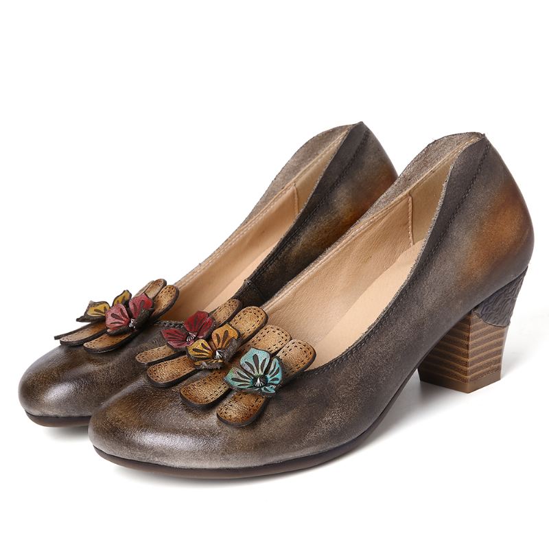 Retro Tre Farver Søde Blomstermotiver Med Lav Mund Rund Læder Slip On Casual Pumps
