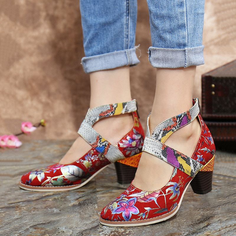 Slangeskind Ægte Læder Splejsningsblomstermønster Komfortabel Lynlås Chunky Heel Pumps