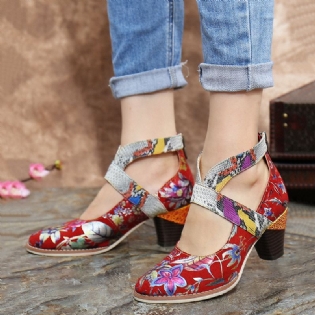 Slangeskind Ægte Læder Splejsningsblomstermønster Komfortabel Lynlås Chunky Heel Pumps