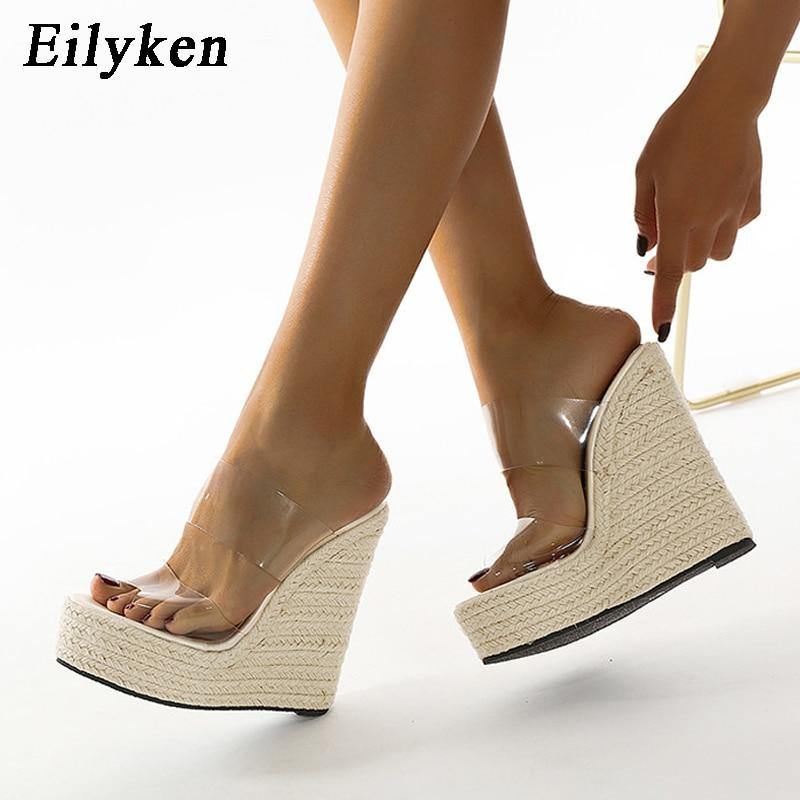 Sommer Pvc Transparent Peep Toe Stokke Halm Vævet Platform Kiler Hjemmesko Sandaler Kvinder Mode Højhælede Damesko
