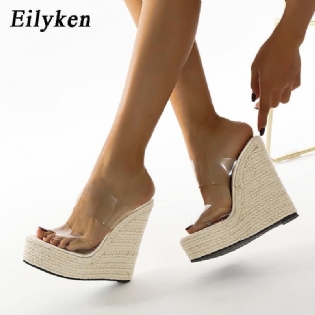 Sommer Pvc Transparent Peep Toe Stokke Halm Vævet Platform Kiler Hjemmesko Sandaler Kvinder Mode Højhælede Damesko