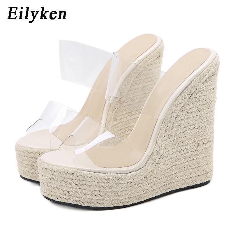 Sommer Pvc Transparent Peep Toe Stokke Halm Vævet Platform Kiler Hjemmesko Sandaler Kvinder Mode Højhælede Damesko