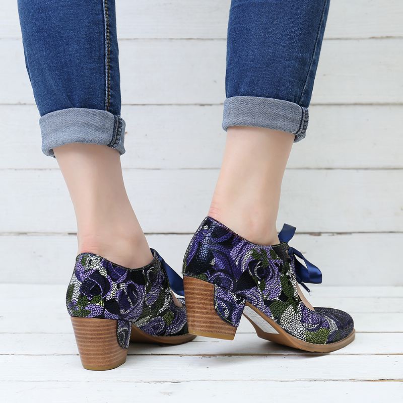 Super Bloom Rose Stitching Lace Up Casual Dress Læder Pumps Til Kvinder