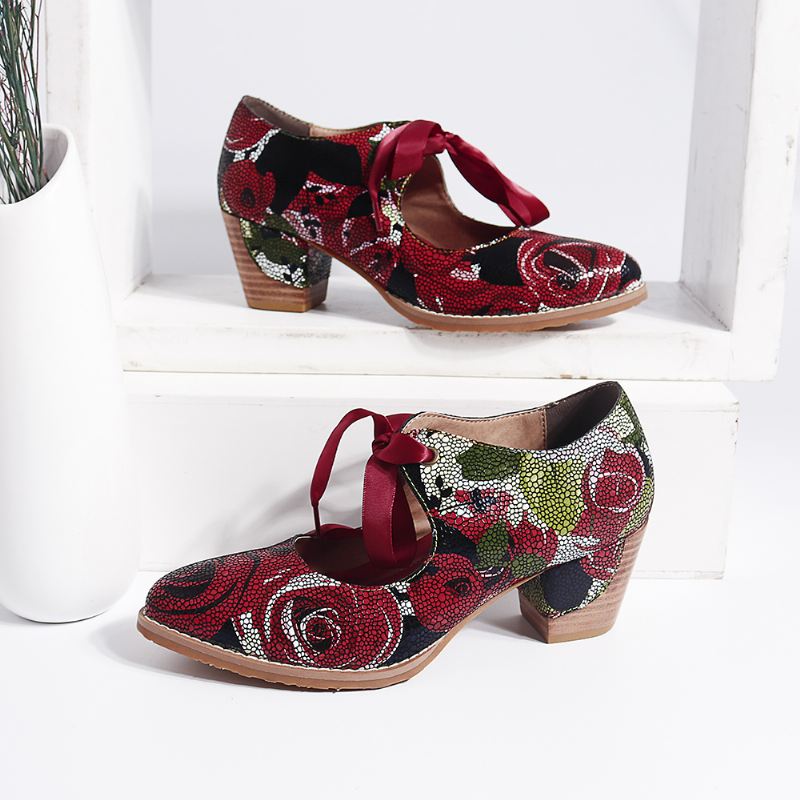 Super Bloom Rose Stitching Lace Up Casual Dress Læder Pumps Til Kvinder