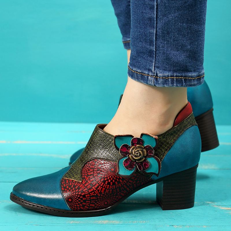 Vintage Håndmalet Blomster Splejsningsmønster Lynlås Mid Heel Ægte Læder Pumps