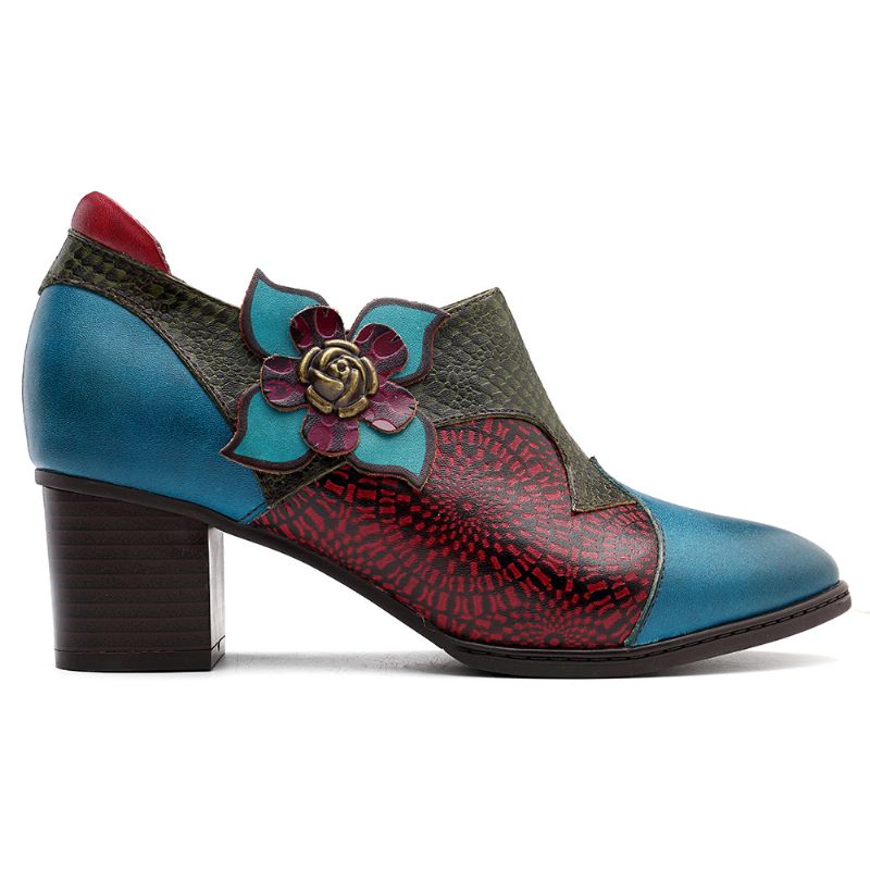 Vintage Håndmalet Blomster Splejsningsmønster Lynlås Mid Heel Ægte Læder Pumps