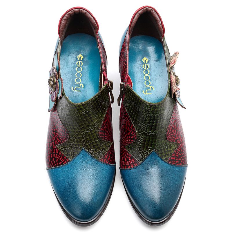 Vintage Håndmalet Blomster Splejsningsmønster Lynlås Mid Heel Ægte Læder Pumps