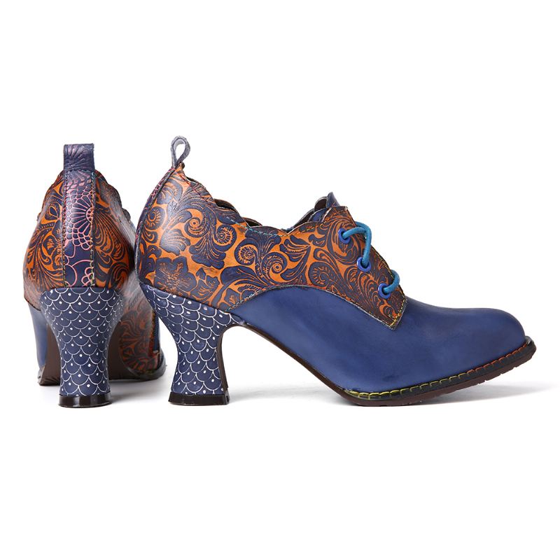 Vintage Læder Blomstersting Snøre Op Side Lynlås Chunky Heel Pumps
