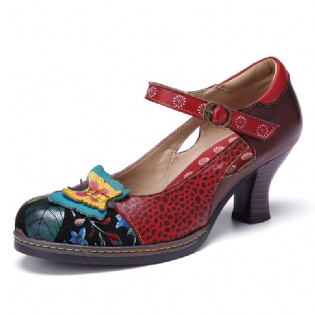 Vintage Læder Sommerfugle Splejsningsudskæringer Spænderem Chunky Heel Pumps