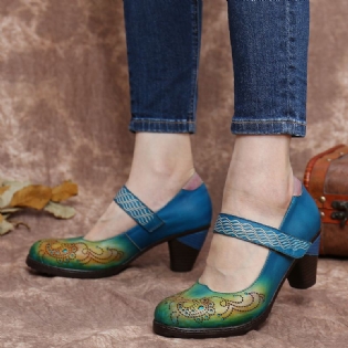 Vintage Læderkontrastudskæringer Krogløkkerem Chunky Heel Mary Jane Pumps Dress Sko