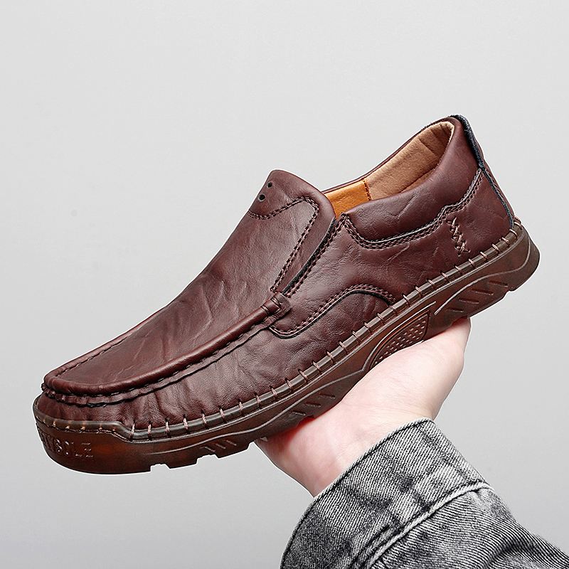 Mænd Koskind Åndbar Håndsyning Blød Sål Slip On Solid Casual Loafer Sko