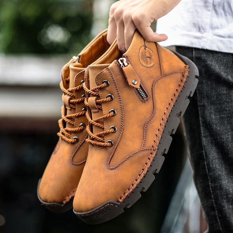 Mænd Læder Håndsyning Åndbar Blød Sål Brief Pure Color Lynlås Snøresko Casual Sko