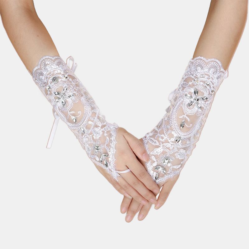 Kvinder Blondeblomster Med Rhinestone Bandage Split Finger Handsker Mid-længde Wild Mesh Åndbar Solbeskyttelsesærmer