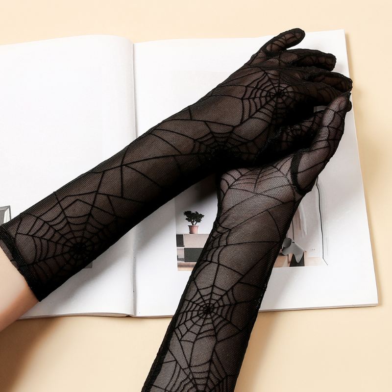 Kvinder Solid Spider Web Pattern Blondehandsker Sommer Solskærm Lang Finger Split Finger Handsker