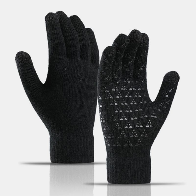 Unisex Tre-finger Berøringsskærm I Palmetrekant Silikone Skridsikkert Mønster Strikkede Handsker Plus Fløjlstykke Bløde Varme Vinterhandsker