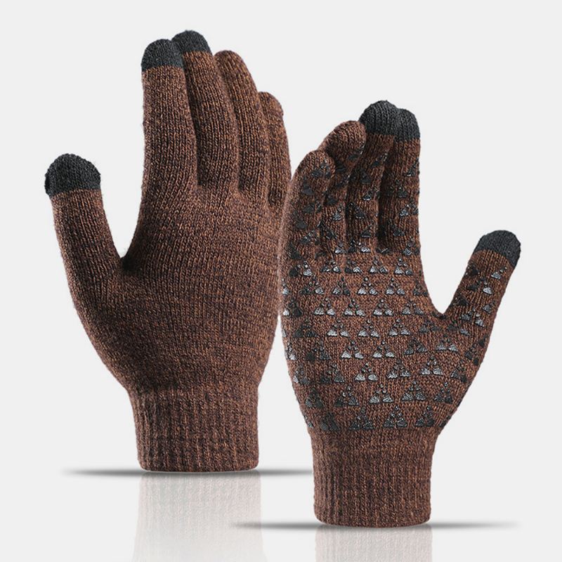 Unisex Tre-finger Berøringsskærm I Palmetrekant Silikone Skridsikkert Mønster Strikkede Handsker Plus Fløjlstykke Bløde Varme Vinterhandsker