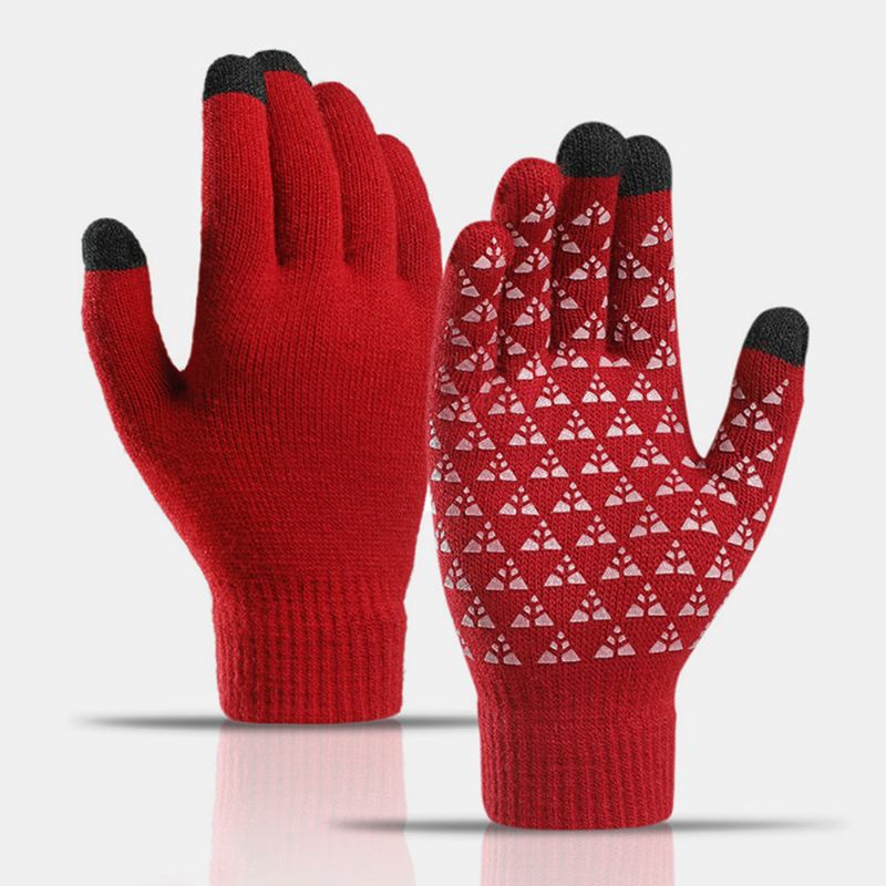 Unisex Tre-finger Berøringsskærm I Palmetrekant Silikone Skridsikkert Mønster Strikkede Handsker Plus Fløjlstykke Bløde Varme Vinterhandsker