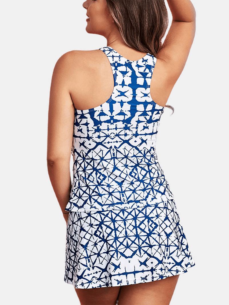 Abstrakt Geometrisk Med Tryk Brede Skulderstropper Summer Beach Blue Swimdress