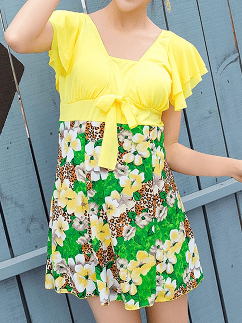 Komfortabel Blomsterprint Med Flæse Korte Ærmer One Piece Swimdress Med Boyshort