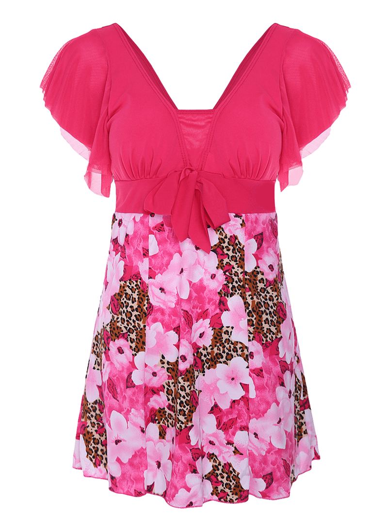 Komfortabel Blomsterprint Med Flæse Korte Ærmer One Piece Swimdress Med Boyshort