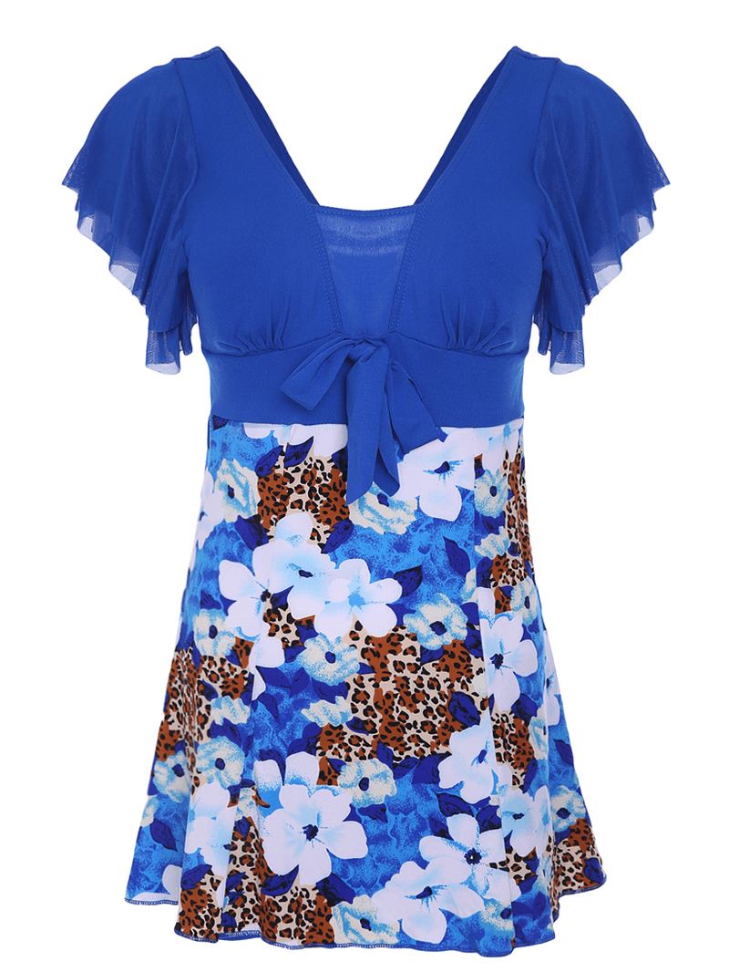Komfortabel Blomsterprint Med Flæse Korte Ærmer One Piece Swimdress Med Boyshort