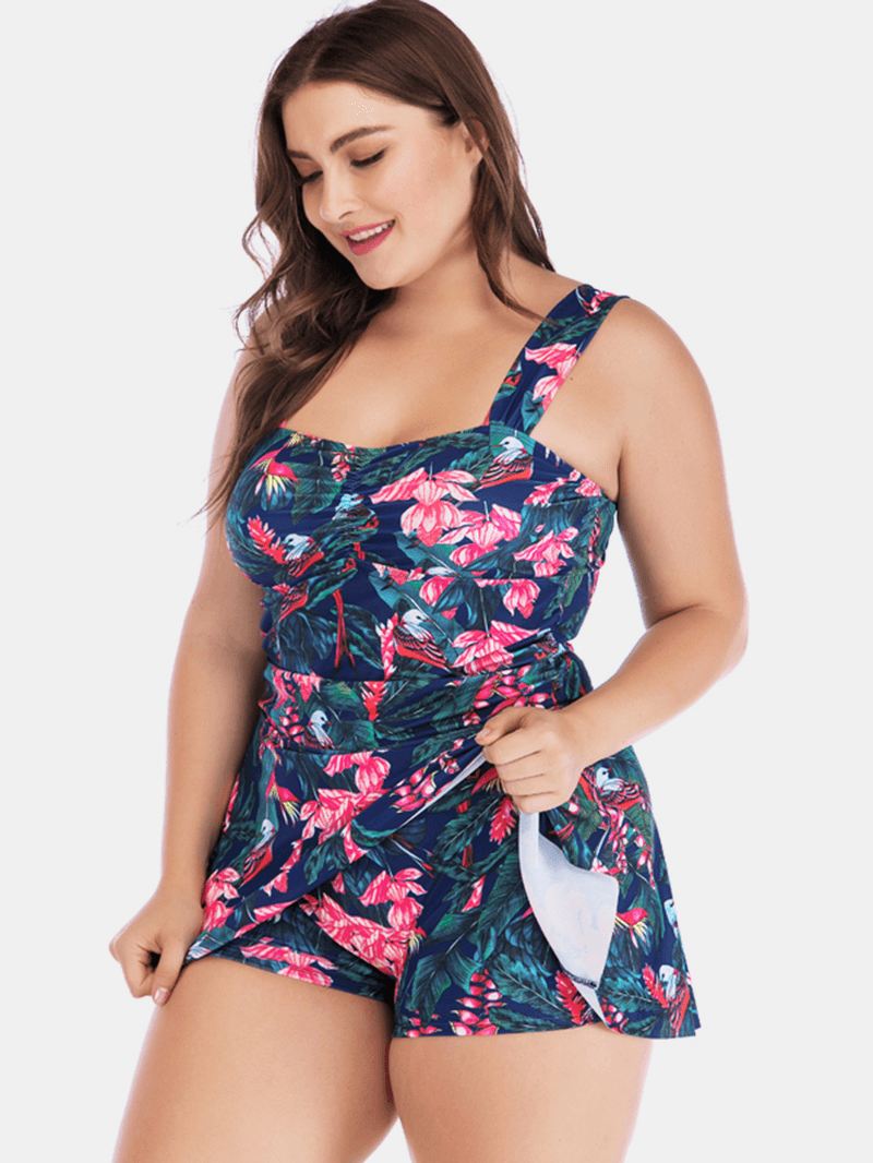 Plus Size Brede Stropper Snørebetræk Til Mave Med Blomsterprint Badekjole