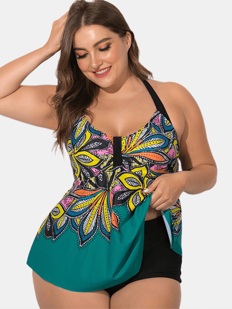 Plus Size Etnisk Grime Trykt Dæksel Belly Swimdress Badetøj