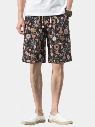 Bomuld Herre Blomsterprint Lomme Snøre Casual Shorts