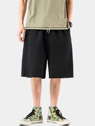 Bomuld Herre Solid Color Pocket Drawstring Overalls Løse Shorts