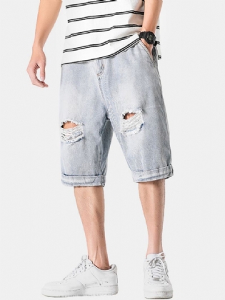 Denimshorts Med Afslappet Huldesign Til Mænd