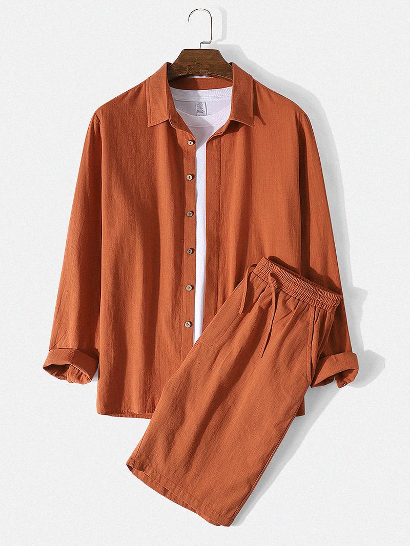 Herre 100% Bomuld Ensfarvet Skjorte Med Snøre Lommeshorts Casual Todelt Sæt