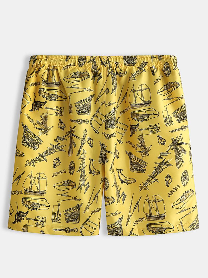 Herre Beach Sea Boat Pattern Digital Printing Børstet Løse Shorts Bukser